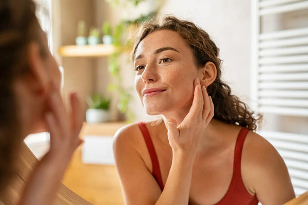 A woman with sensitive skin is patch testing a face cream near her ear