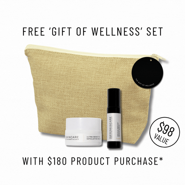 Beige canvas pouch with skincare for dry skin, free Gift of Wellness Set RRP$98 over $180