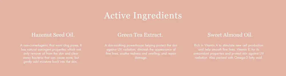 Pink-tinted product label showing ’Active Ingredients’ with three listed items.