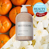 A translucent beige body exfoliator in a 500ml pump bottle from qed skincare for perfectly good skin types